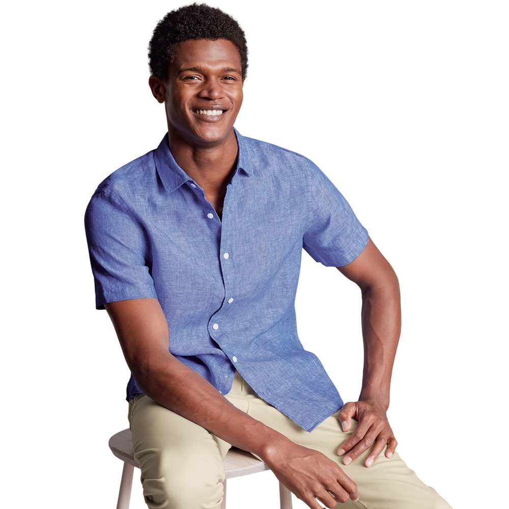 883.Charles Tyrwhitt Men's Pure Linen Short Sleeve Shirt Cobalt Blue Single Cuff